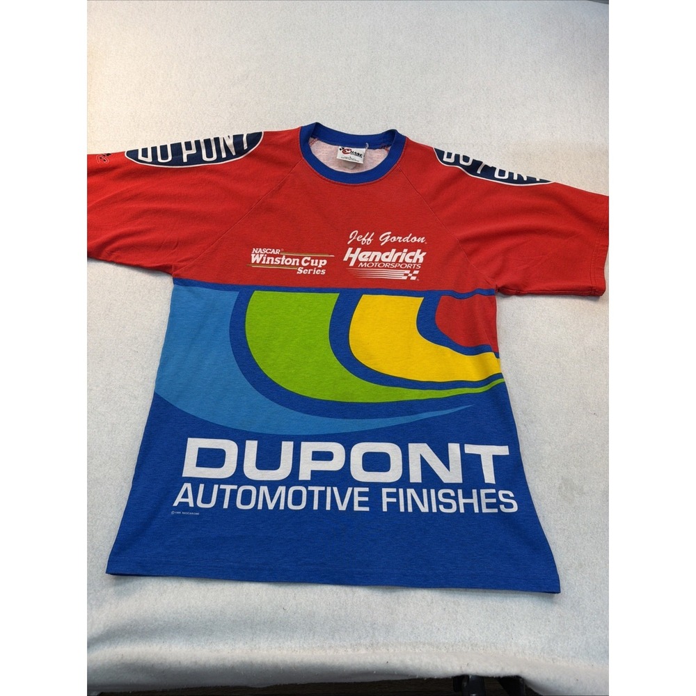 Vintage 90s 1999 Jeff Gordon Dupont NASCAR Racing T-shirt rainbow AOP Size L